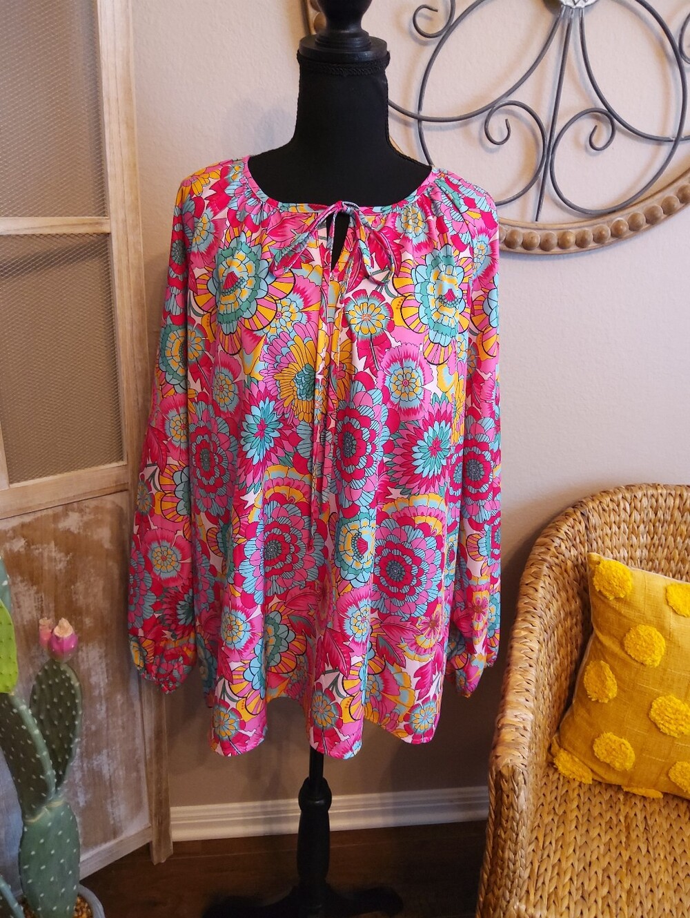 Bright Pink Floral Tie-Neck Women's Blouse